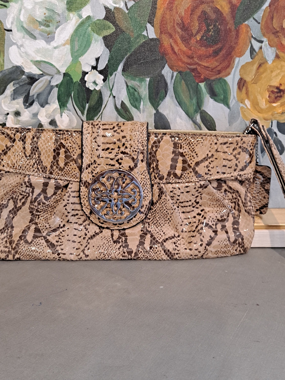 Solina Snake-Embossed Beige Brown Leather Wristlet Clutch Decorative Medallion